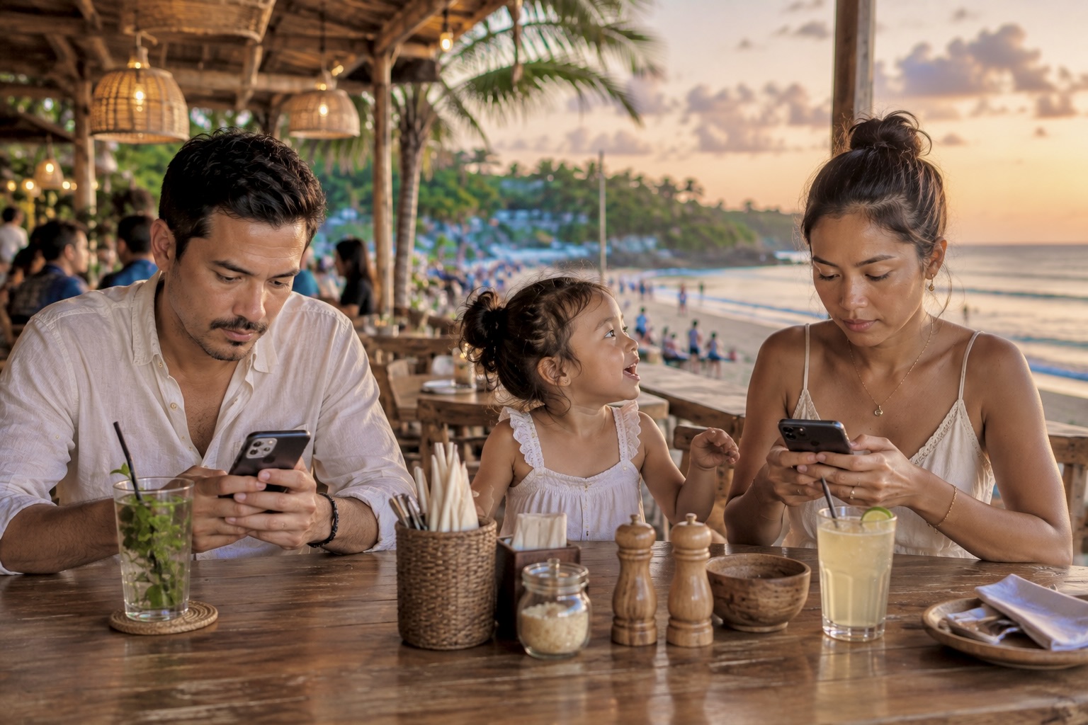 Kind sucht beim gemeinsamen Essen die Aufmerksamkeit seiner Mutter, während beide Eltern auf ihre Smartphones schauen