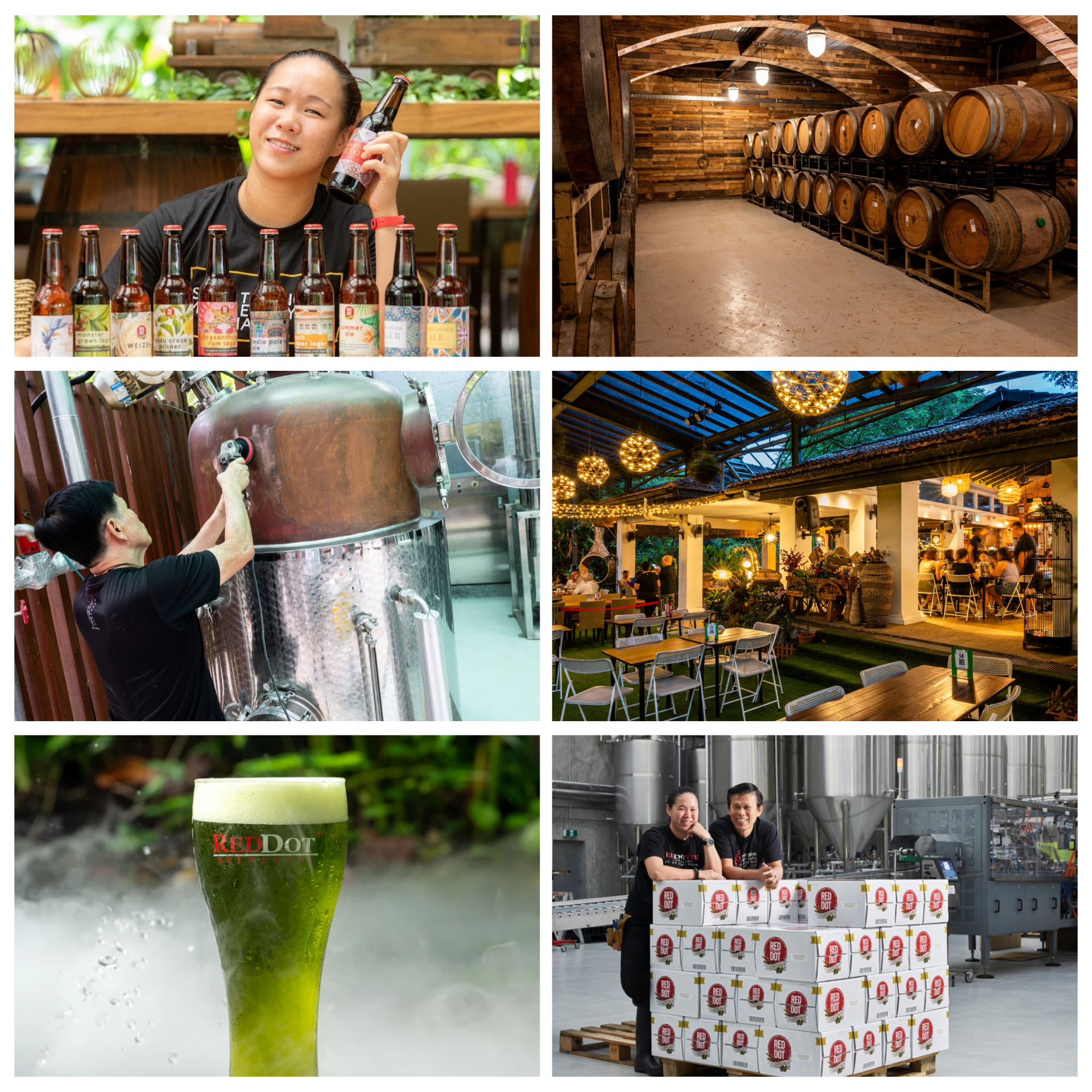 Collage von RedDot Brewhouse mit Bierflaschen, Brauanlagen, Holzfässern, grünem Bier und Biergarten