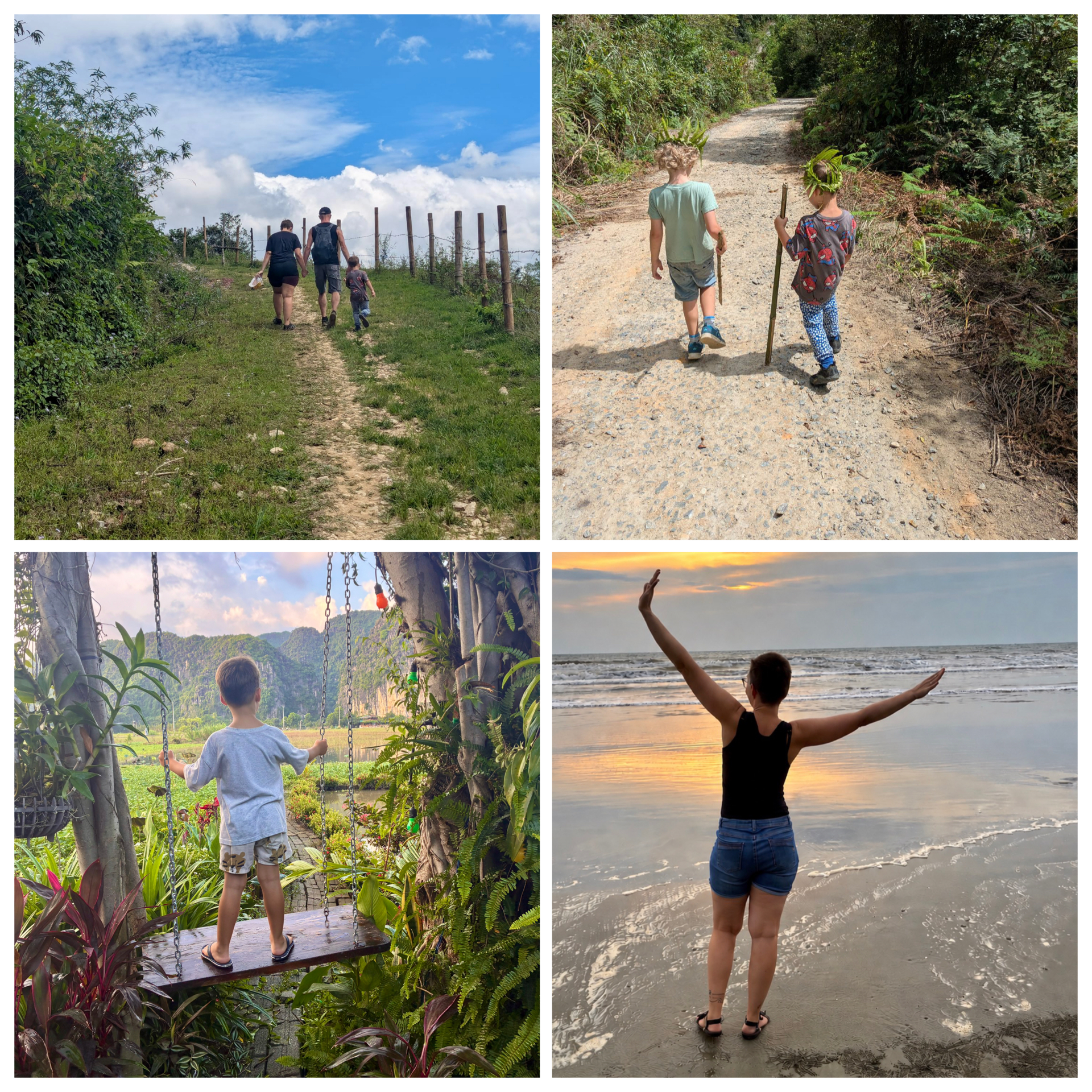 Fotocollage einer Familie mit Kindern beim Wandern, Spielen und am Meer während ihrer Weltreise