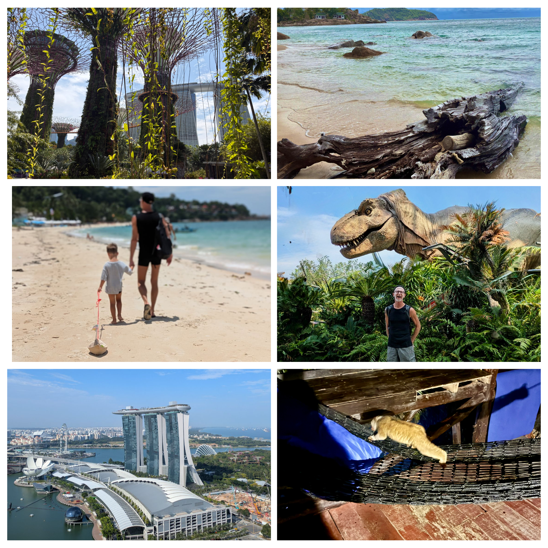 Fotocollage mit Singapurs Supertrees und Marina Bay, einem Strandspaziergang mit Kind auf Ko Phangan und weiteren Reiseerlebnissen