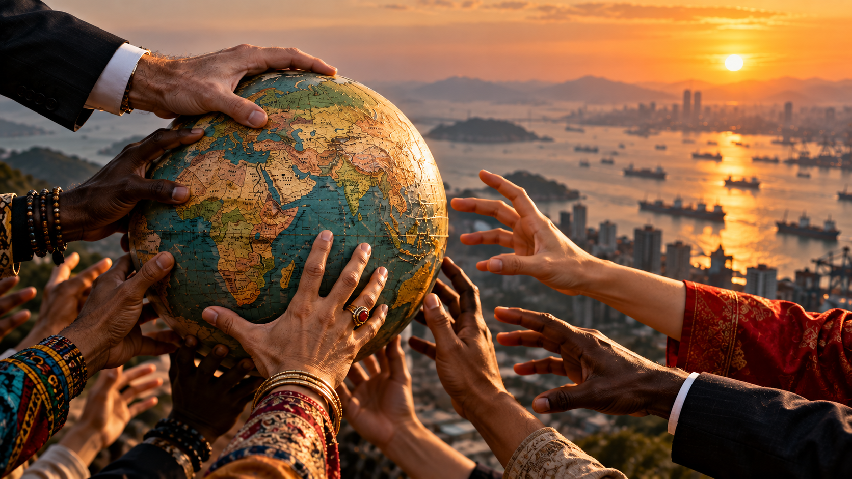 Unterschiedliche Hände greifen nach einem Globus – Symbol für die Verschiebung globaler Machtzentren