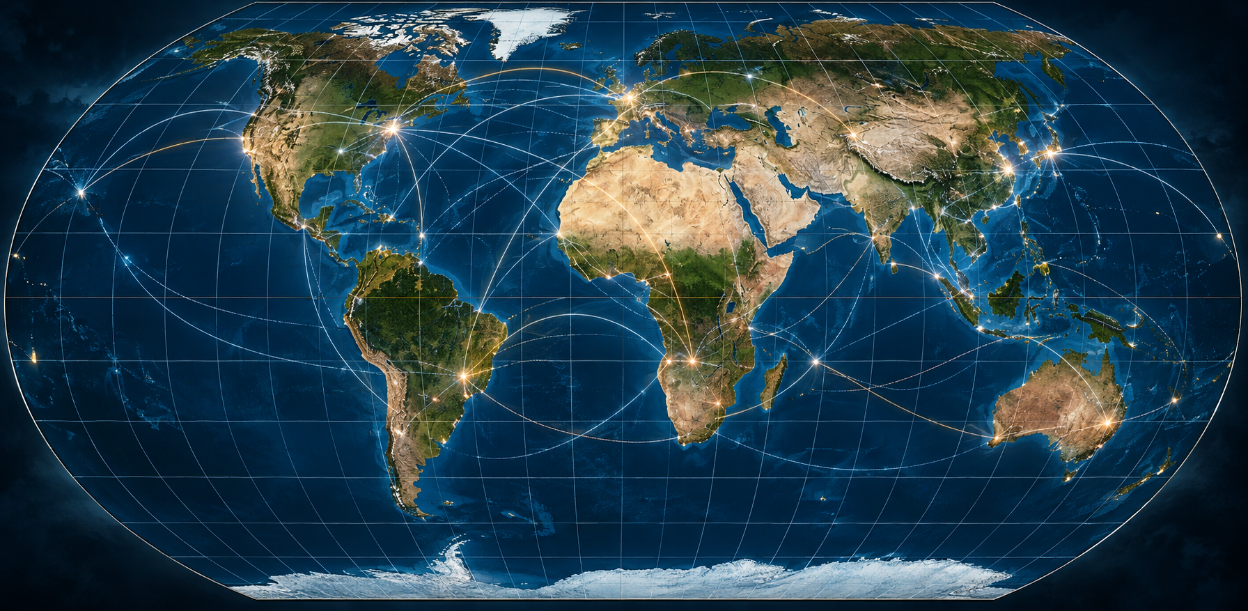 Weltkarte mit globalen Verbindungen als Symbol für staatliche Souveränität und internationale Machtverhältnisse
